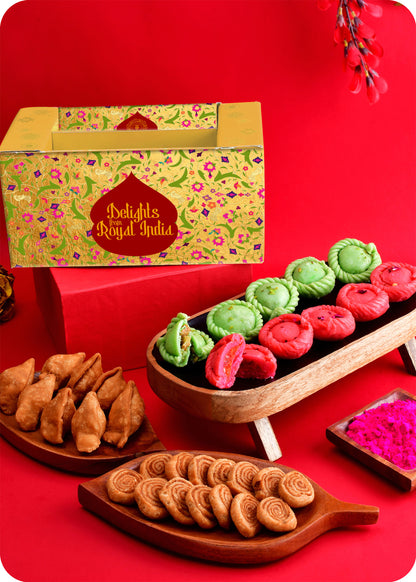 Holi Gift Pack Pista & Rose Chandrakala, Samosa, & Bhakarwadi