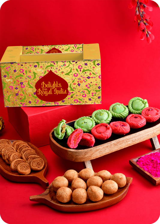 Holi Gift Pack Pista & Rose Chandrakala, Kachori, & Bhakarwadi