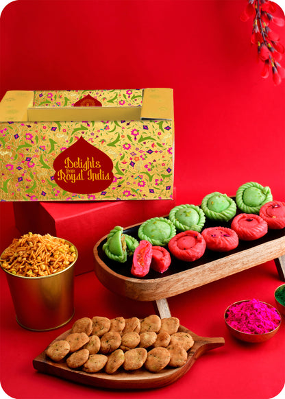 THOT Holi Gift Pack Pista & Rose Chandrakala, Methi Swali, & Khatta Meetha Mix