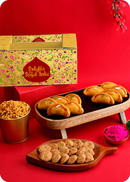 Holi gift pack Shahi Gujiya, Khatta Meetha Mix, & Methi Swali