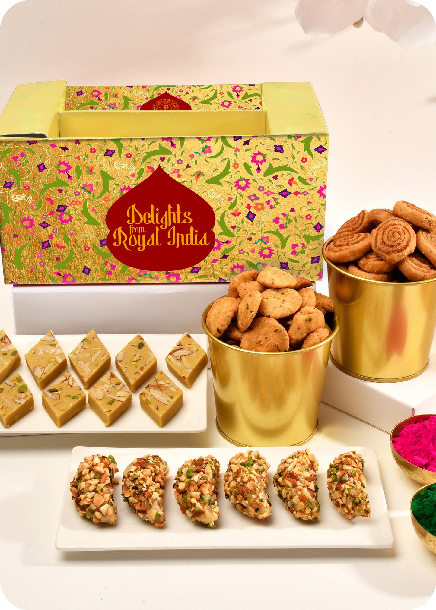 Holi gift pack Dry Fruit Gujiya, Thandai Katli, Bhakarwadi, & Methi Swali