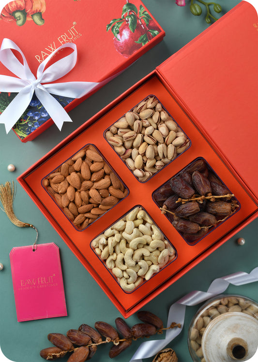 "Exotic Gifting Tray : A Delightful Nutty Indulgence with Cashews, Almonds, Pistachios, and Dates"