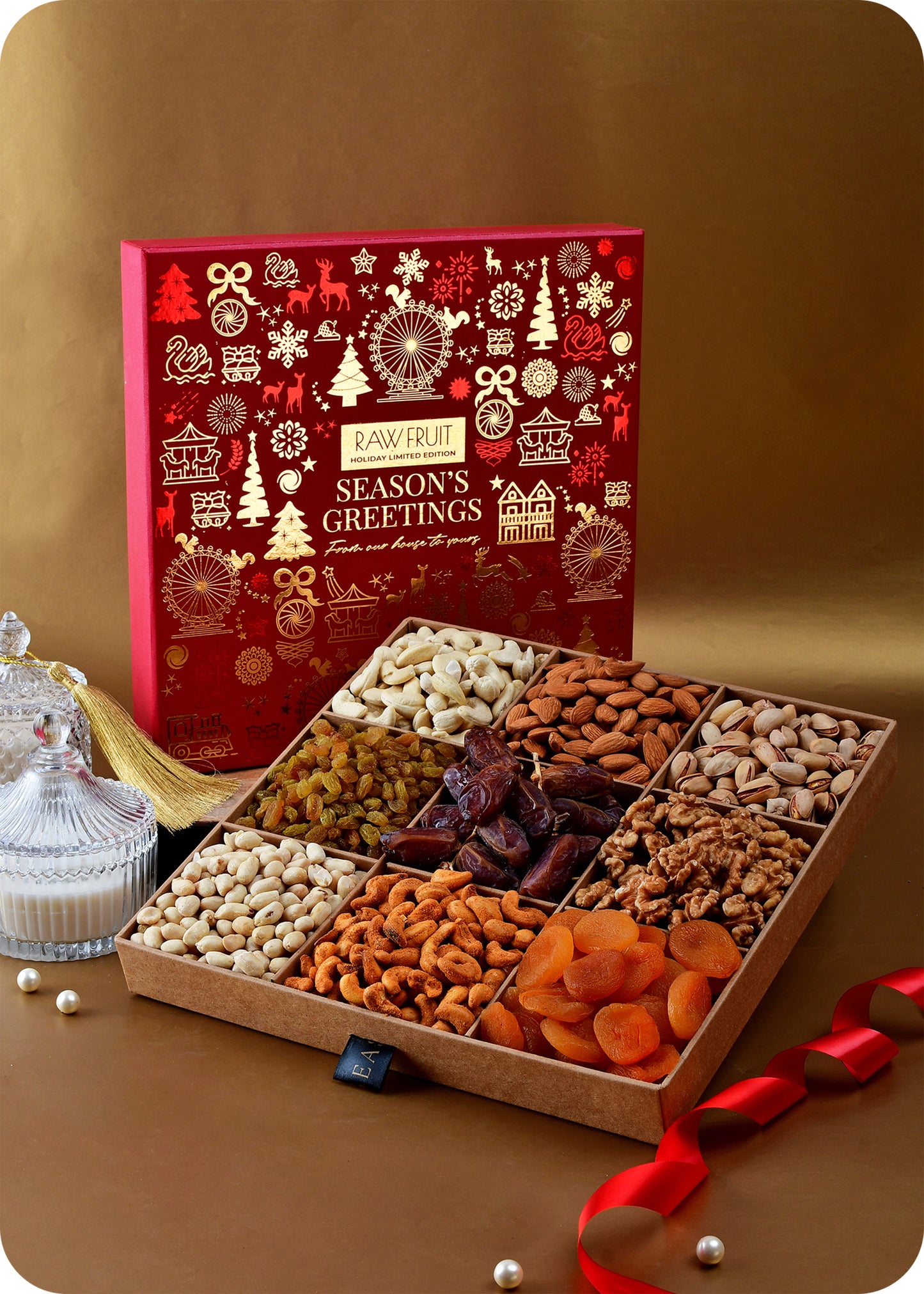 Seasons Greeting Wooden Tray with Premium Dry Fruits & Dried Apricot, Basic, Red