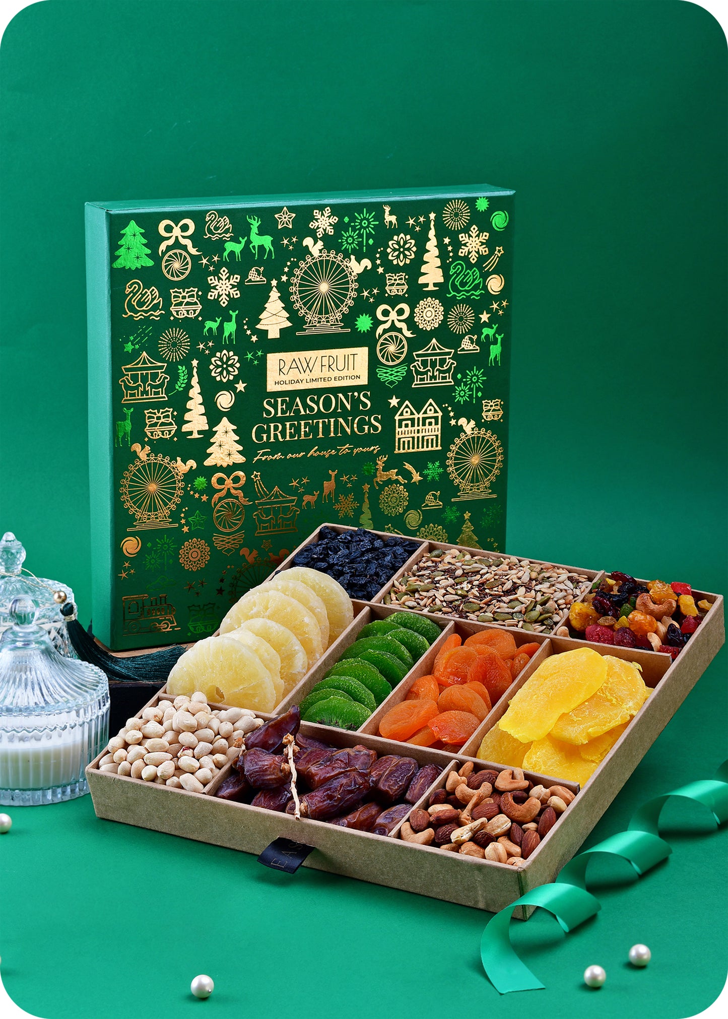 Seasons Greeting Wooden Tray with Tropical Dried Fruits - Green