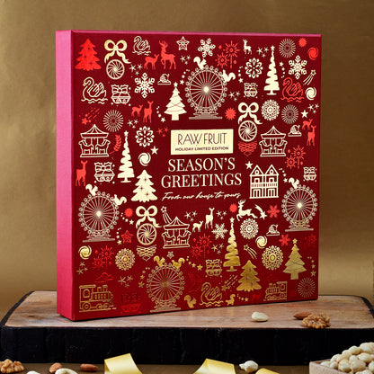 Seasons Greeting Wooden Tray with Premium Dry Fruits & Dried Apricot, Basic, Red