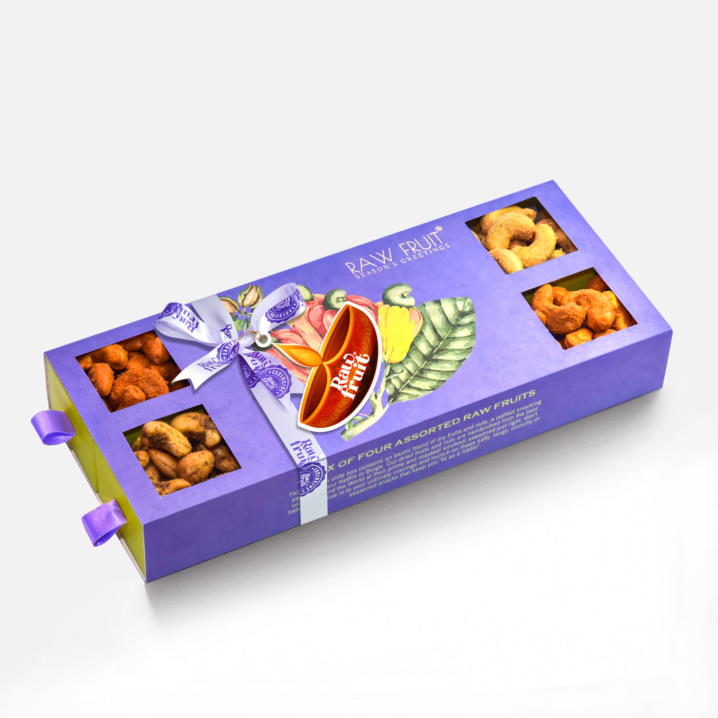 HyperFoods RawFruit Diwali gift Dry fruit box | Roasted Cashew Box of 4 Dry fruit gift pack with INDI BBQ Cashew PIRI PIRI Cashew | Diwali Gifts for family and friends Diwali Gift hampers - HyperFoods.in